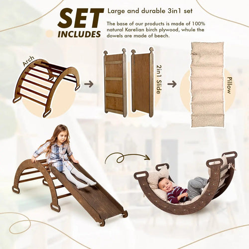 3in1 Montessori Climbing Set: Climbing Arch + Slide Board + Cushion – Chocolate